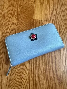 Fendi Light Blue Zip-Around Wallet with Floral Accent